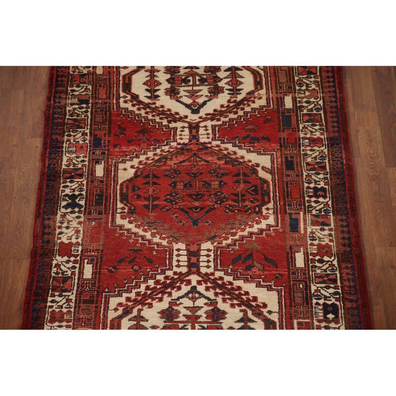 Geometric Ardebil Persian Vintage Runner Rug Handmade Red Wool Carpet - 3'9"x 13'10"