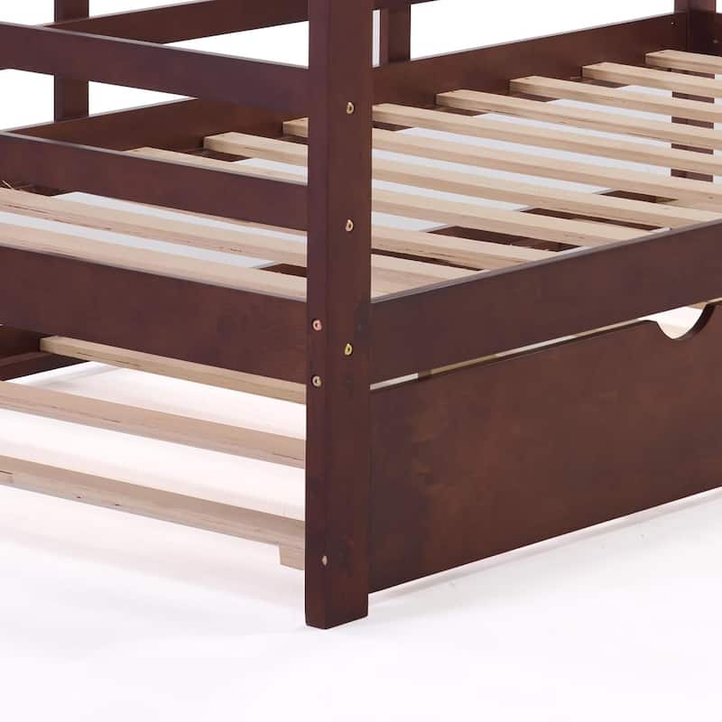 Twin Daybed with Trundle & Guardrails - Brown Pine Wood Bed Frame, 350lbs Capacity, Space-Saving for Guest/Kids Room
