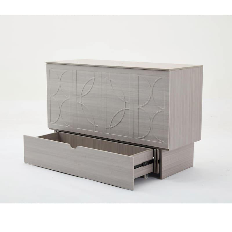 Queen Size Murphy Bed Cabinet with Storage Drawer, Folding Foam Mattress, USB & AC Charging Ports, and Smooth Glide Mechanism