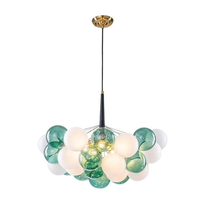 French 5-Light White Green Bubble Cluster Glass Globe Chandelier - 25.6 Inches