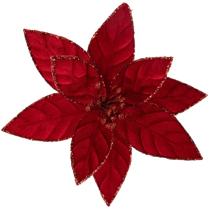 10" Glittered Poinsettia Christmas Floral Clip - Red
