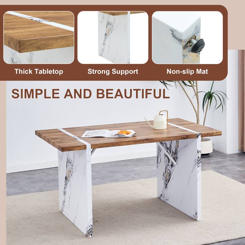 Natural Wood Grain Mdf Dining Table,Wood Textured Desktop,Marble Patterned Table Legs