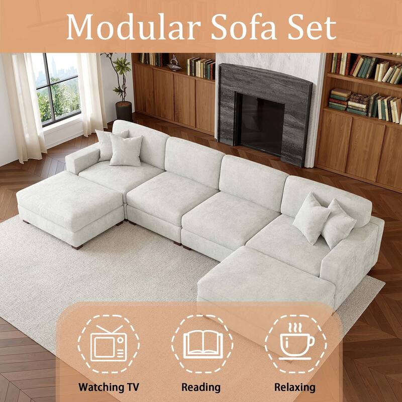 Oversized Chenille Modular Sectional Sofa Conversation Set with 2 Ottomans