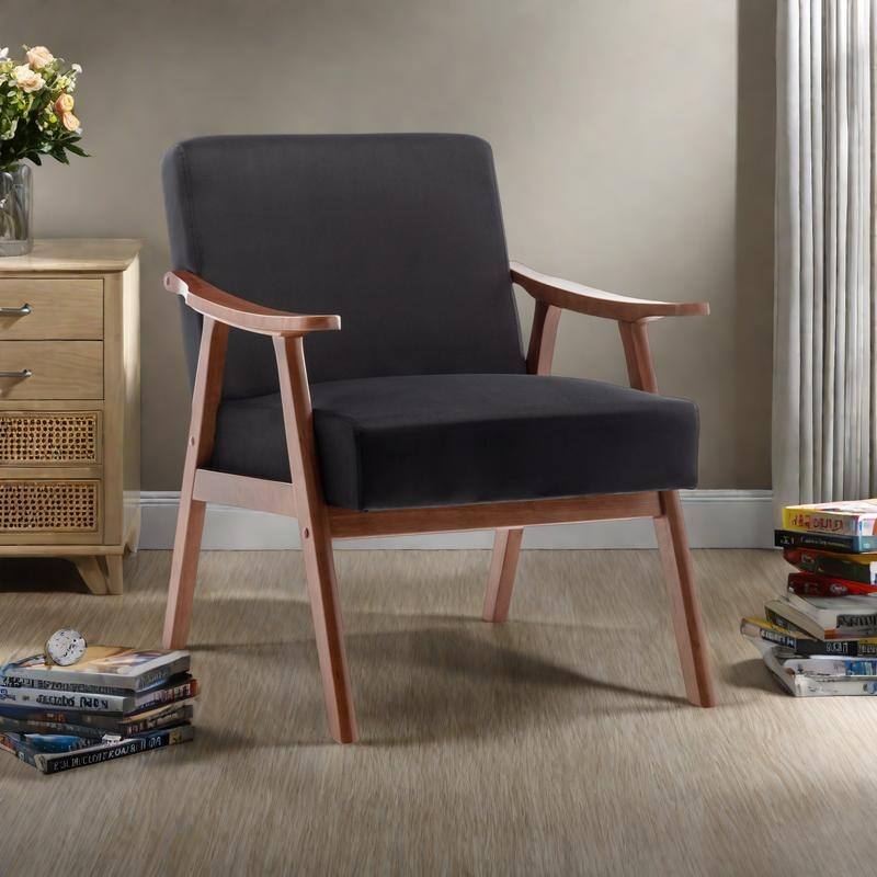 Velvet Mid-Century Accent Chair with Solid Wood Frame Wingback Chair (300lb Capacity) - Black