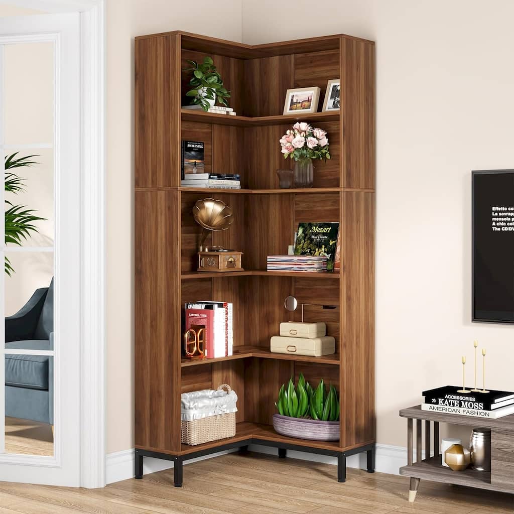 70.86 inches Industrial Corner Etagere Bookcase, 5 Tier Modern Bookshelves with Storage Display Rack