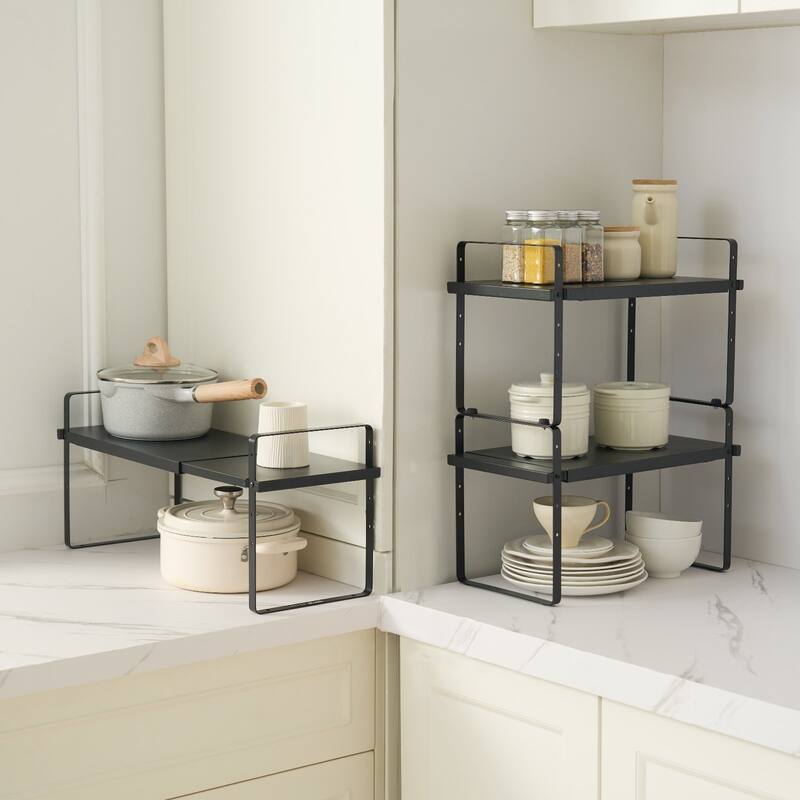 Adjustable Expandable 2-Tier Stackable Cabinet Organizer Shelf with Height Control - 25.6x8.7x19.7 inch