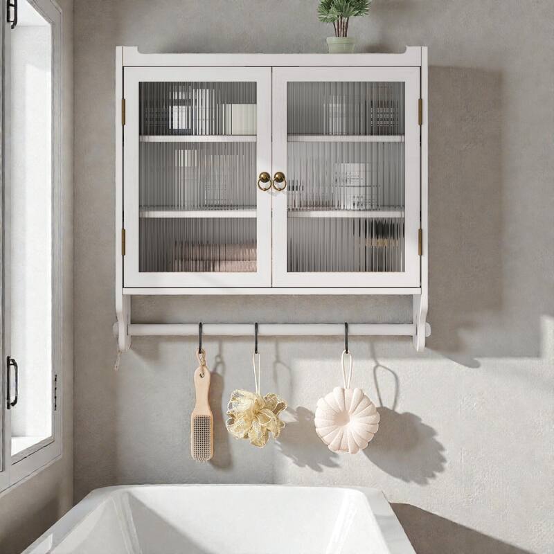 24.8" Vintage Wall Cabinet with Glass Double Doors, 3-Tier Storage and Towel Rack, Solid Wood Bathroom Kitchen Cabinet