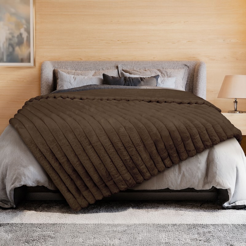Luxury Reversible Textured Stripe Faux Fur & Velvet Throw - Cocoa Brown - 50 x 70 in