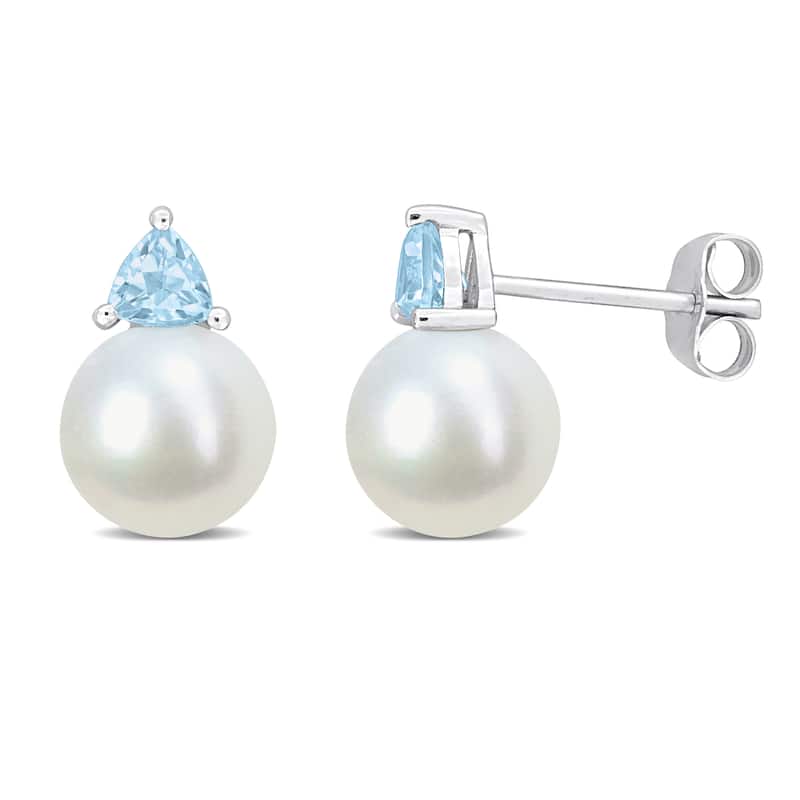 Miadora 8-8.5mm Cultured Freshwater Pearl and 1/2ct TGW Sky Blue Topaz Stud Earrings in 10k White Gold - 13 mm x 8.5 mm x 8.5 mm