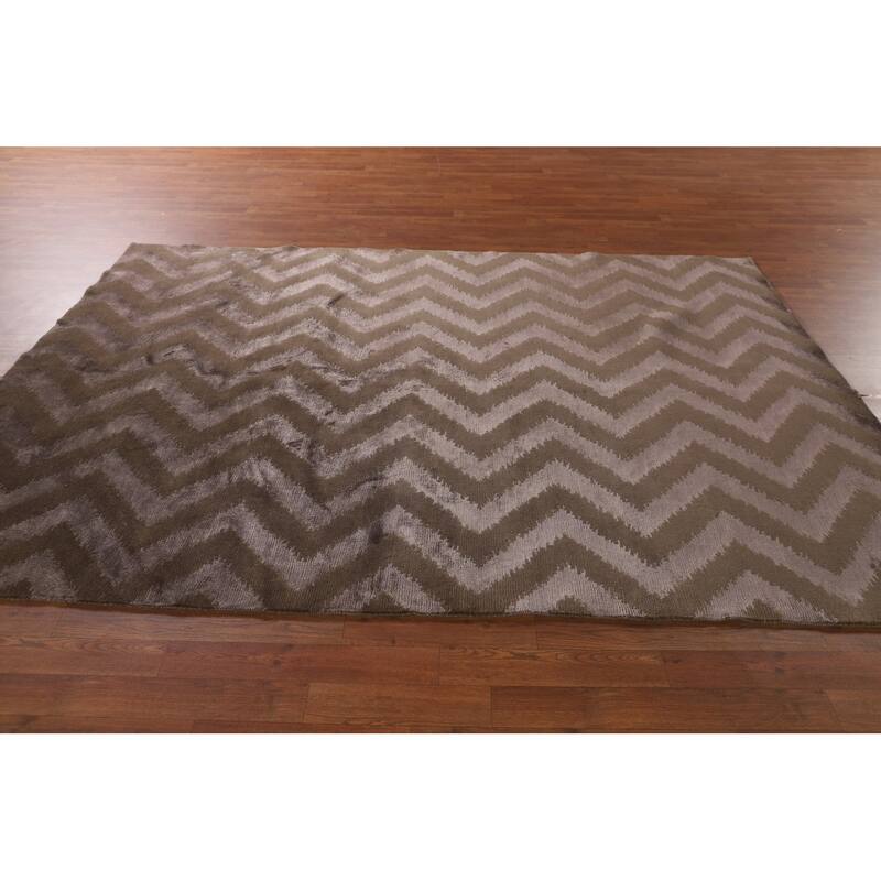 Brown Chevron Style Nepalese Oriental Rug Hand-Knotted Wool Carpet - 6'0" x 8'8"