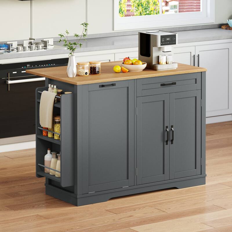 Moasis Rolling Portable Kitchen Island With Trash Can Storage Cabinet and Drawer&Floating Tabletop - Grey