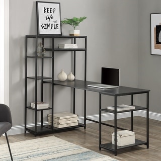 Home Office Computer Desk with Multi-Bookshelf and Storage Space-Black ...