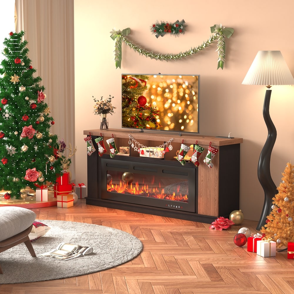 Erommy 70" TV Stand with Electric Fireplace Heater, Media Entertainment Center Console for TVs up to 80" with Storage Cabinet