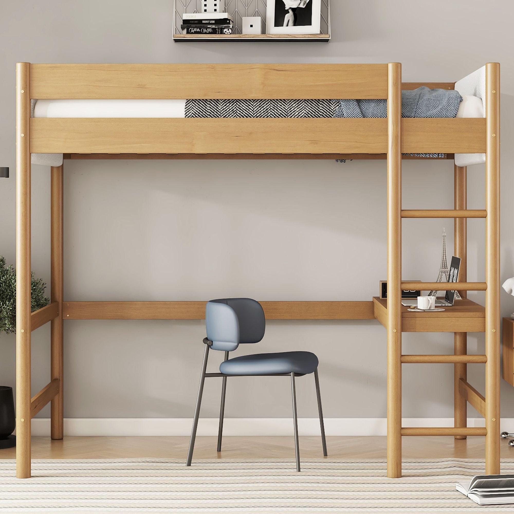 Twin Size Loft Bed with Built-in Desk, Upholstered Headboard & Footboard, Solid Rubber Wood Frame with Guardrails & Ladder