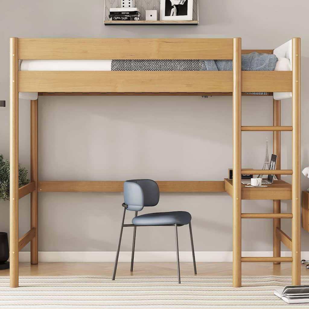 Twin Size Loft Bed with Built-in Desk, Upholstered Headboard & Footboard, Solid Rubber Wood Frame with Guardrails & Ladder