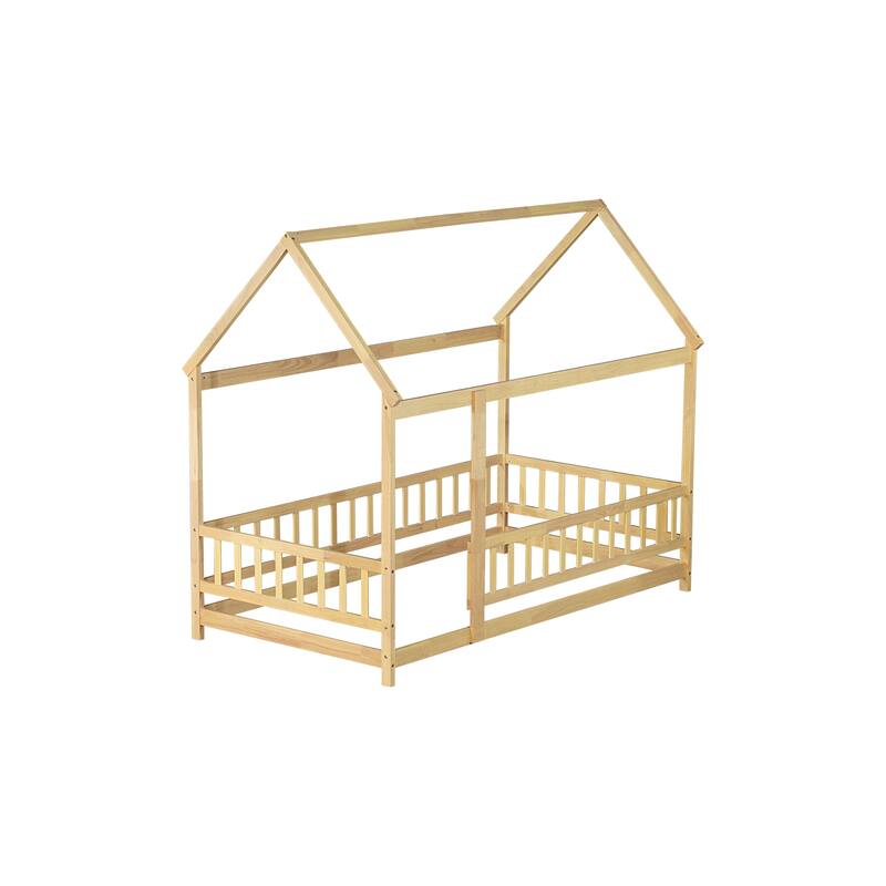 Twin Size Natural Wooden House Floor Bed with Roof Frame and Safety Guardrails