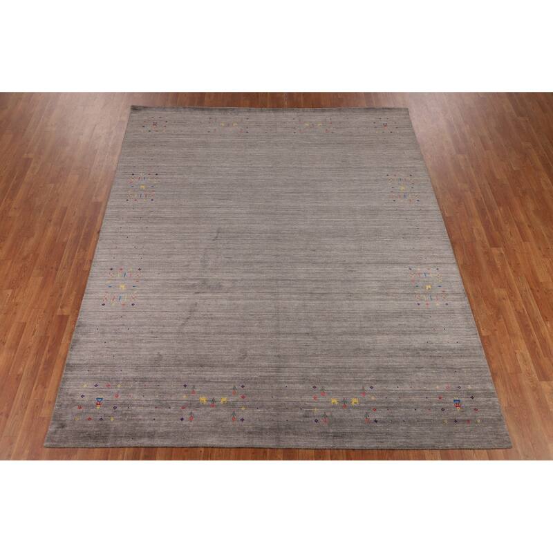 Earth Tone Striped Gabbeh Indian Area Rug Silk Carpet - 8'3" X 9'9"