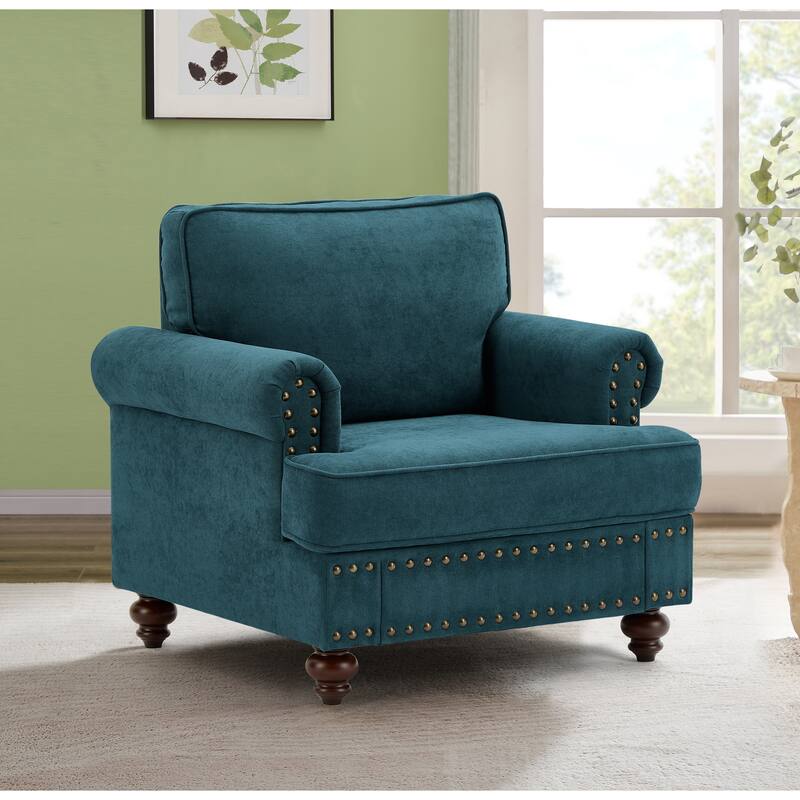 37.2" Chenille Accent Chair with Wood Legs - Lake Green