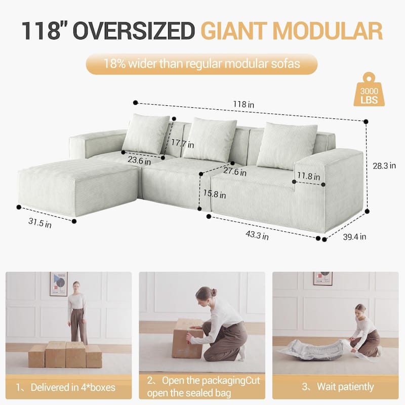 118 inch Modular Sofa Convertible Oversized Sofa Bed Corduroy Velvet 3 Person with Footrest White