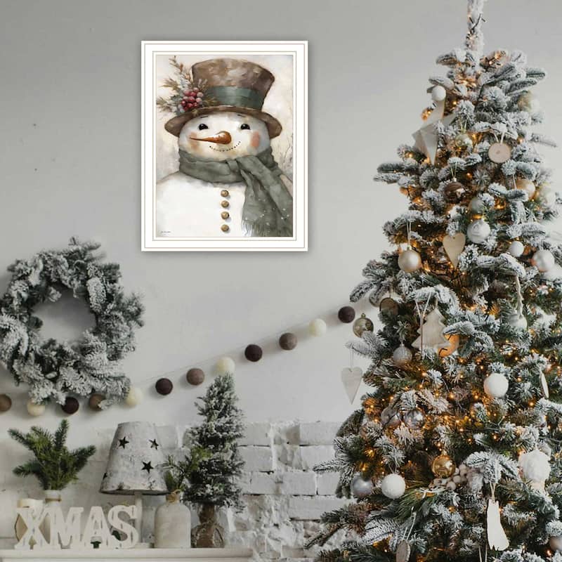 Framed Wall Art - Old World Frosty The Snowman, White Frame