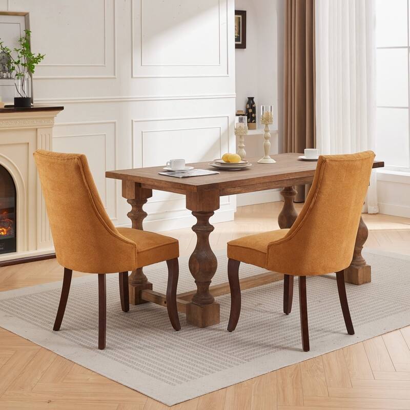 Set of 2 Modern Linen Upholstered Dining Chairs with High Back, Curved Wood Legs & Adjustable Feet
