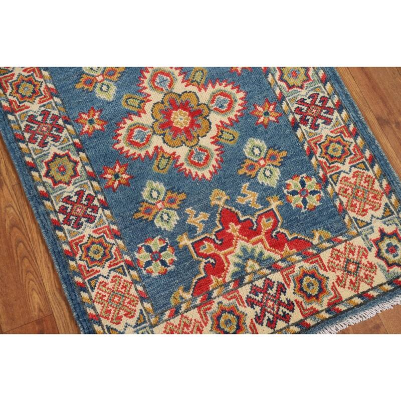 Blue Geometric Kazak Oriental Foyer Rug Handmade Wool Carpet - 2'0" x 3'0"