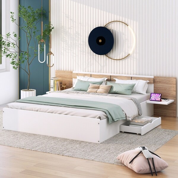 Nordic Simple Queen Size Platform Bed Frame with Headboard Drawers Shelves USB Ports and Sockets for Kids Teens Adults Bed Bath Beyond 40378883