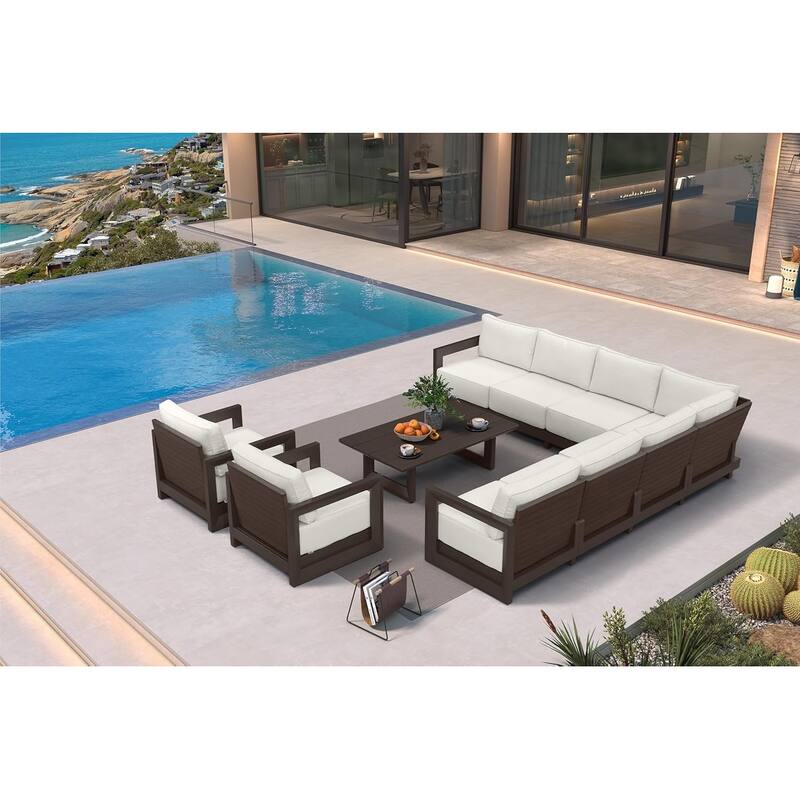 PURPLE LEAF Caesar Outdoor Couch with 9.6" white Thick Cushion and Table for Yard Porch Deck Outdoor Patio Conversation Sets - 9 Seats+1 Ottoman - Open-End