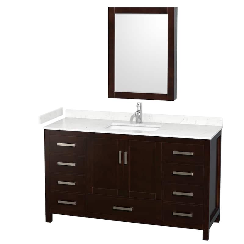 Sheffield Single Bathroom Vanity Set, Cultured Top, Medicine Cabinet - 60-Inch Single - Espresso, Carrara Cultured Marble Top, Chrome Trim