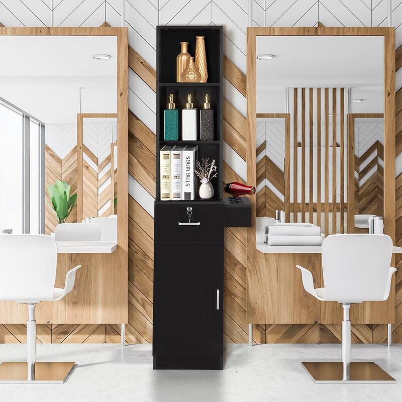 Particleboard Pitted Surface 2 Drawers 1 Lock 1 Door 3 Hair Dryer Salon Storage Cabinet Black - N/A