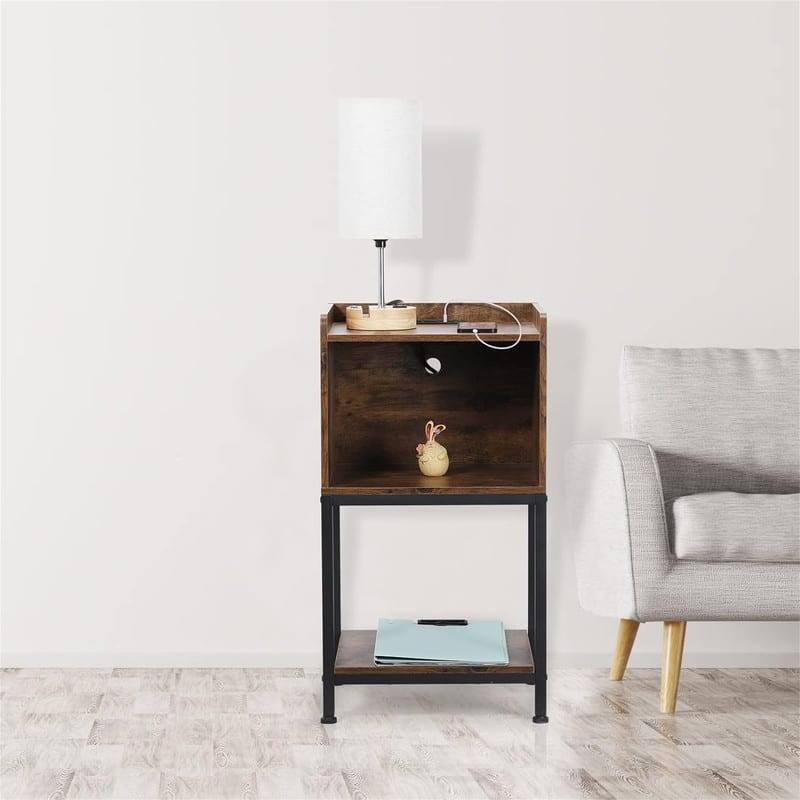 Nightstand with Charging Station - Black & Brown - No Drawers