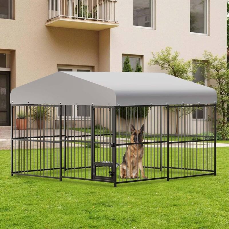 Dog Cage Kennel with Rotating Feeding Bowl Waterproof Roof Cover