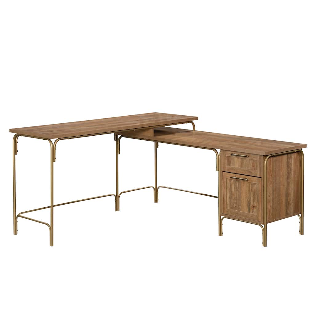 Wood L-Shaped Desk with Coastal-Inspired Design, Brown and Gold