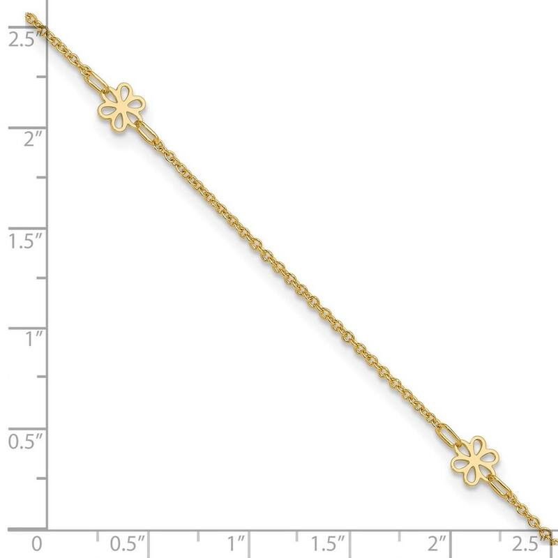 Curata 14k Yellow Gold 10+1" Open Daisy Flower Station Cable Chain Anklet (Spring-ring)