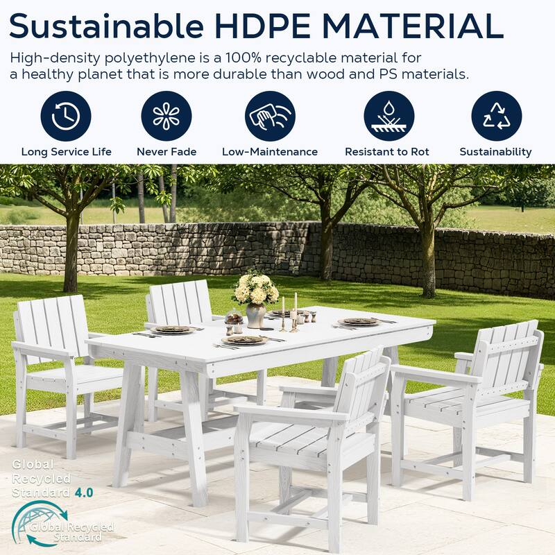 HDPE Patio Dining Set with Rectangular 67.91in W Table with Umbrella Hole and 4 Chairs - N/A