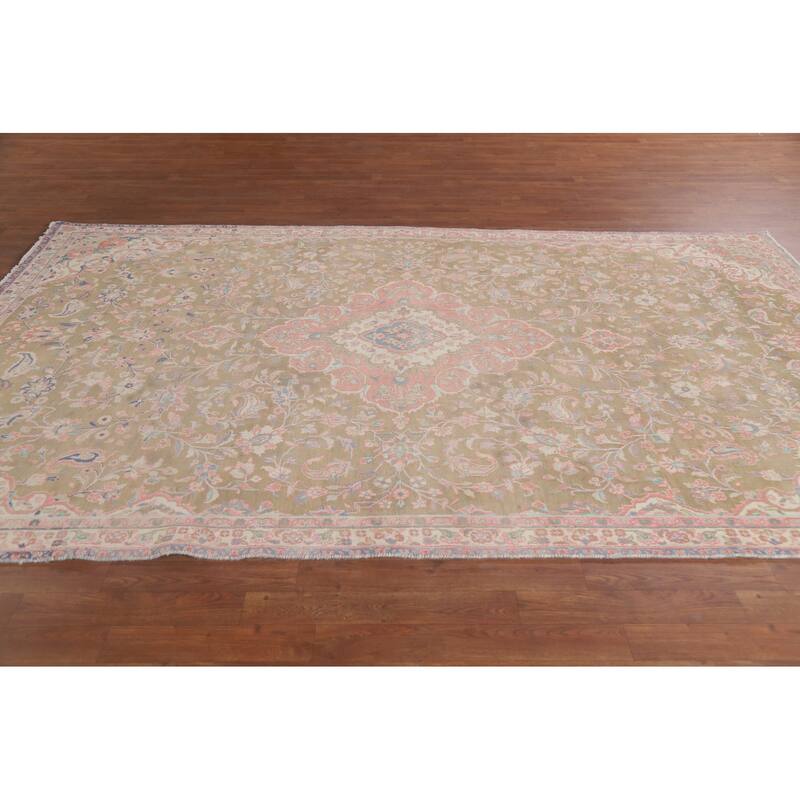 Hand Knotted Oriental 100% Wool Carpet Traditional Floral Green Mashad Area Rug - 9' 7'' X 6' 0''