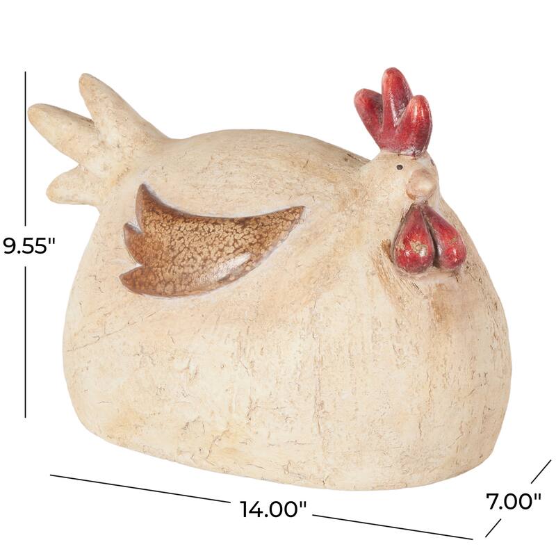 Cream Magnesium Oxide Sitting Rooster Decorative Garden Sculpture with Brown and Red Accents