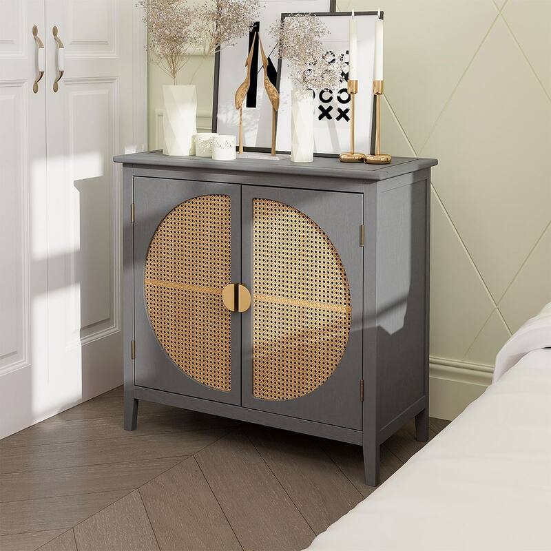 Woven Rattan Wicker Doors Accent Cabinet Sideboard