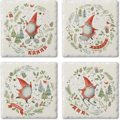 Christmas Jolly Gnomes Multi-Image Absorbent Stone Coaster 4 Pack with Protective Cork Backing Manufactured in The USA
