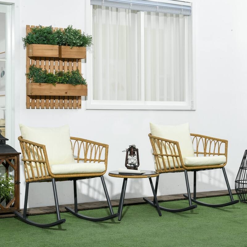 3 Piece Bistro Set with Cushions, Outdoor PE Rattan Wicker Patio Rocking Chair with 2 Porch Rocker Chairs, Glass Top Cof