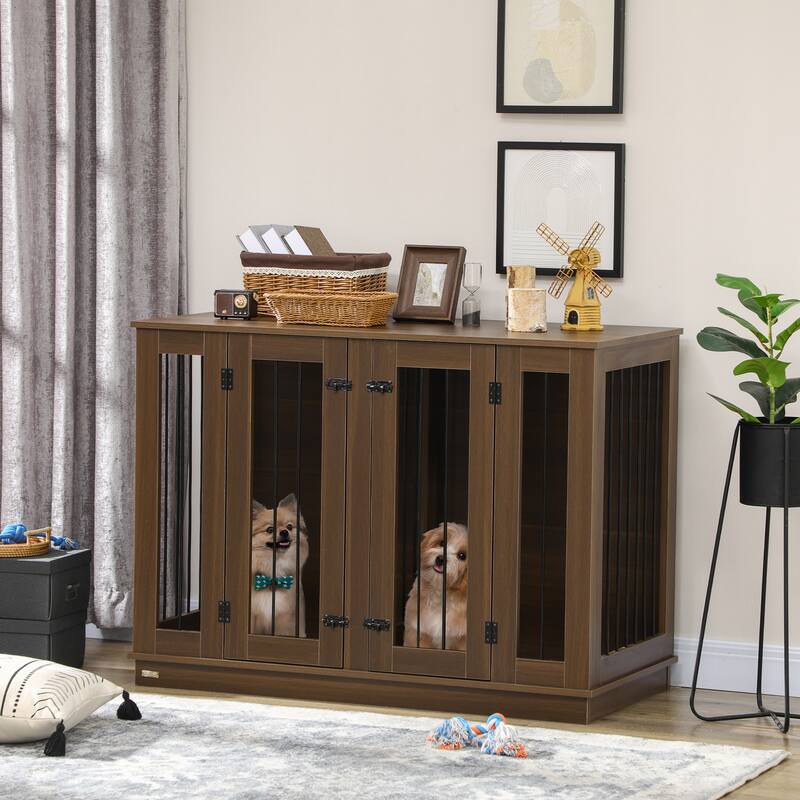 PawHut Large Furniture Style Dog Crate with Removable Panel, End Table with Two Rooms Design and Two Front Doors