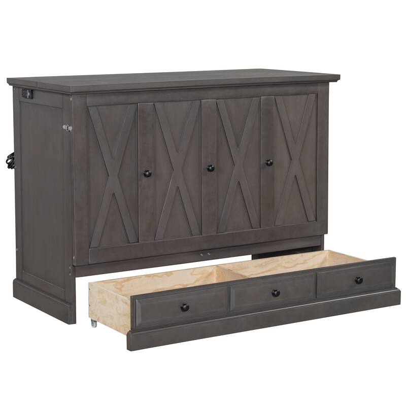 Gray Full Size Solid Pine Murphy Bed with Charging Station and Large Storage Drawer