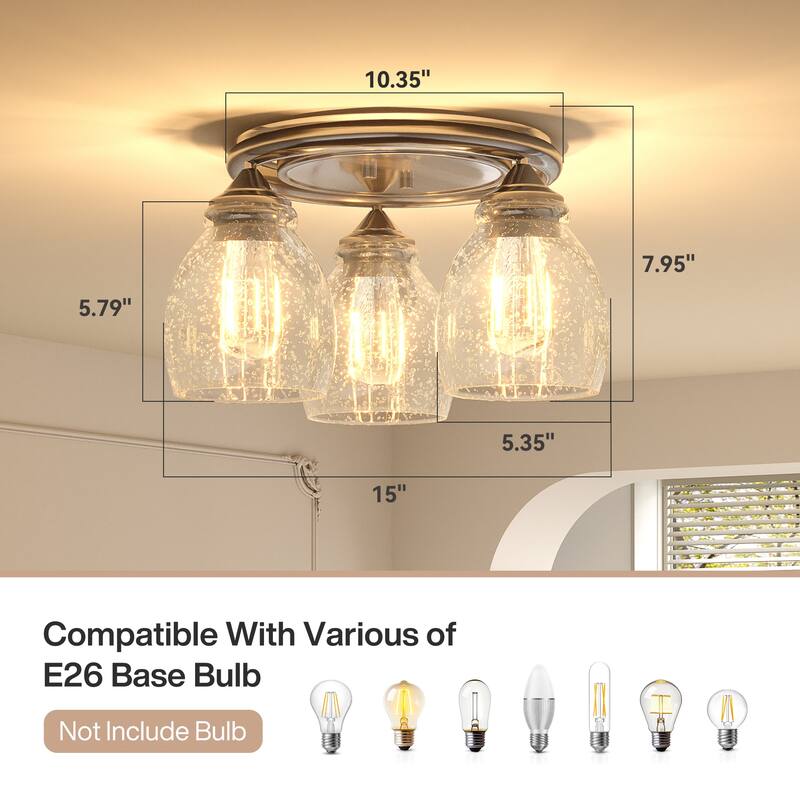 Modern 3-Light Flush Mount Ceiling Light with Clear Bubble Glass