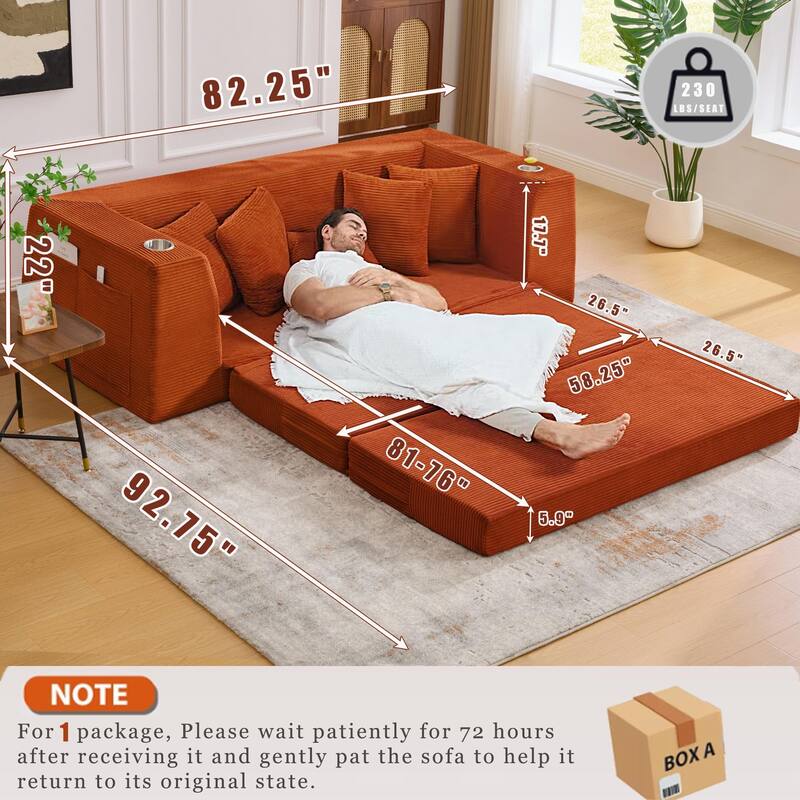 Modern Convertible Loveseat Sofa Bed, Corduroy Fabric Foldable Floor Couch w/5 Pillows, Side Pockets & Cup Holders, No Assembly