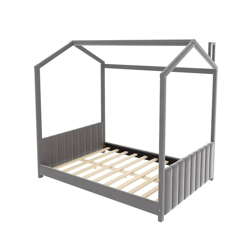 Roomfitters Full Size House Bed, Velvet Upholstered Wood Frame with Modern Headboard Strips, Gray