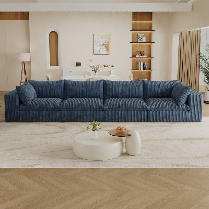 157.6" Corduroy Fabric Blue Sofa, Double-layer, Removable Cushion, DIY Combination - Multi-Color
