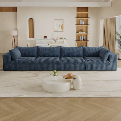 157.6" Corduroy Fabric Blue Sofa, Double-layer, Removable Cushion, DIY Combination