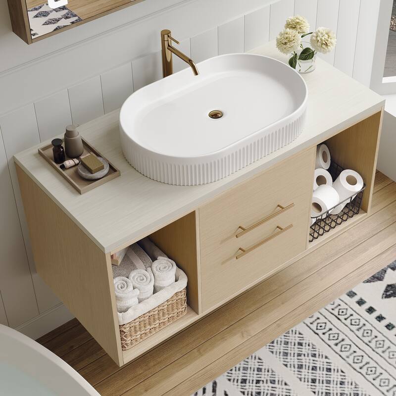 39.3"Wall-Mounted Bathroom Vanity with Oval Ceramic Sink,Floating Multi-Layer Cabinet Soft-Close Drawers Open Shelf Storage