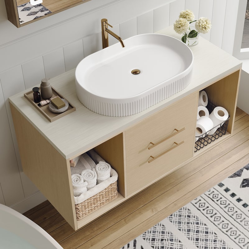 GDFStudio - Modern 39.3" Wall-Mounted Bathroom Vanity with Oval Ceramic Sink, Soft-Close Drawers & Open Shelf Storage