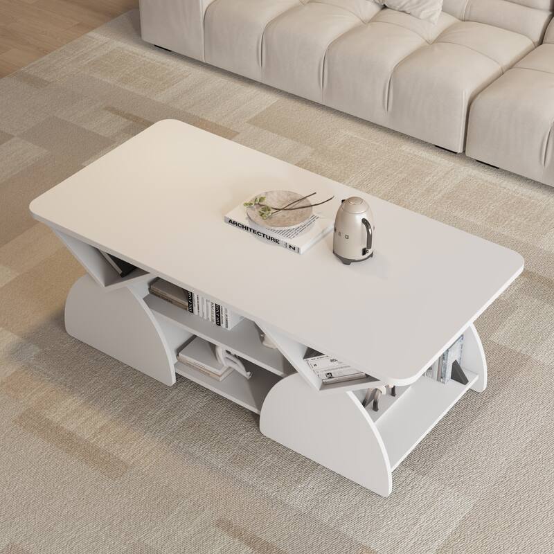 Engineered wood rounded corner rectangular coffee table for living room, easy assembly storage table